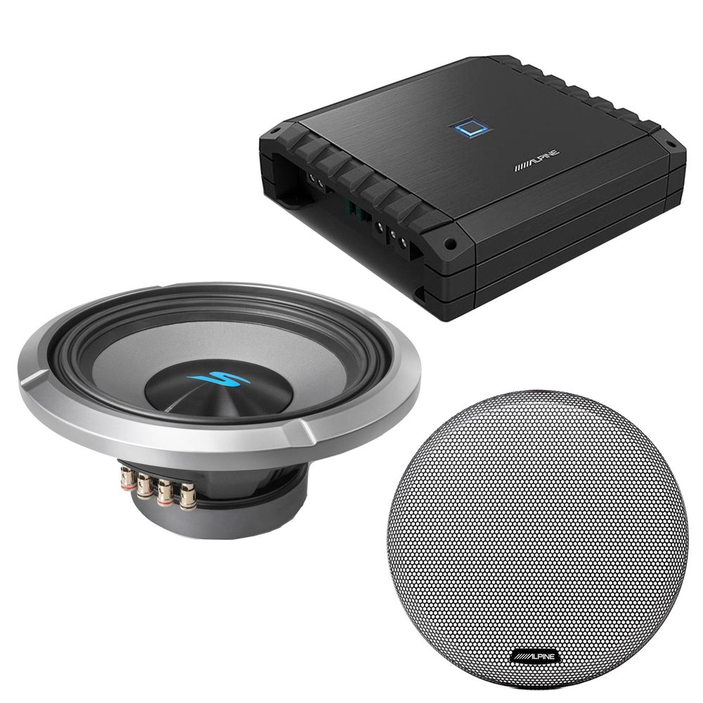 Alpine S2-A60M S-Series Class-D Amp, S2-W12D4 12" S-Series Dual 4-Ohm Car Sub & Grill