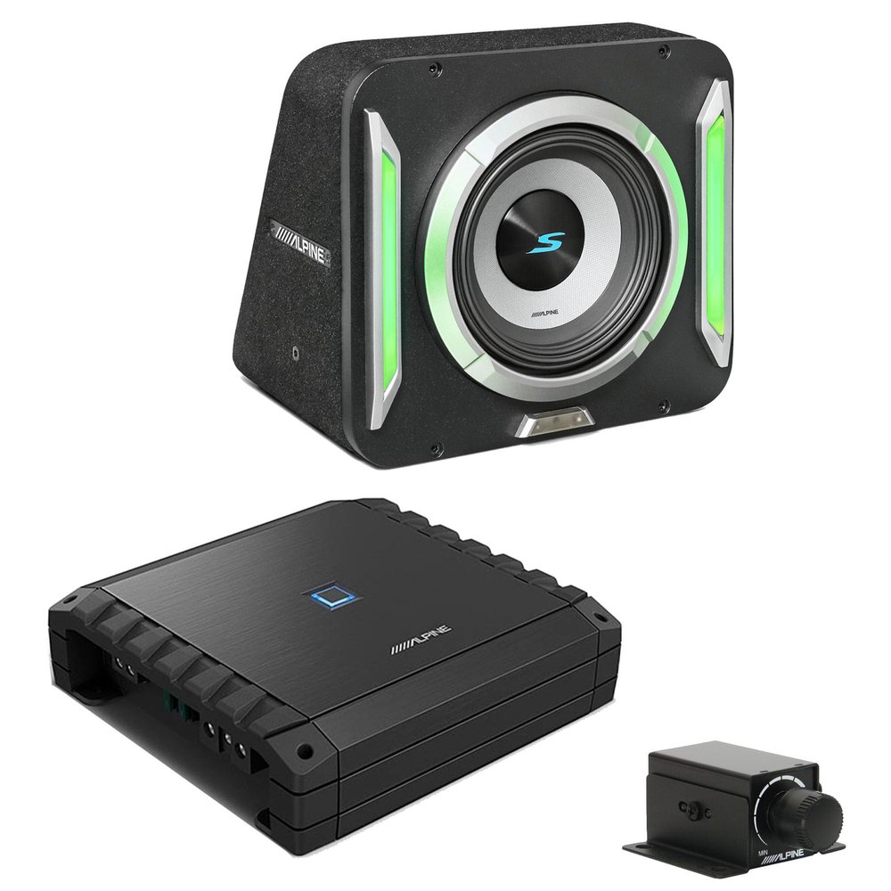 Alpine S2-SB12 PrismaLink S2-Series 12" subwoofer Enclosure Built-in RGB Lighting & S2-A60M Amp w/Rux Bass Knob Bundle