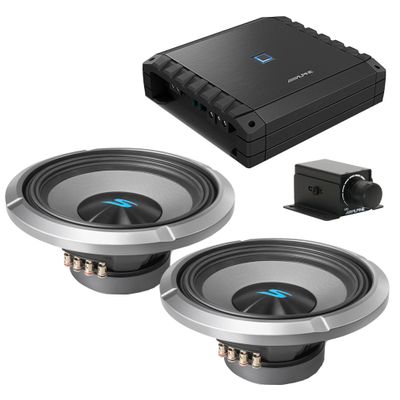 Alpine S2-A60M S-Series Class-D Amp w/ (2) S2-W12D4 12" S-Series Dual 4-Ohm Car Subwoofer & Rux Knob