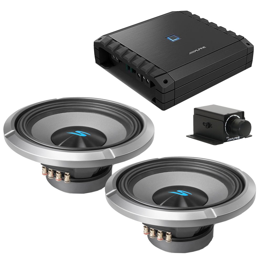 Alpine S2-A60M S-Series Class-D Amp w/ (2) S2-W12D4 12" S-Series Dual 4-Ohm Car Subwoofer & Rux Knob