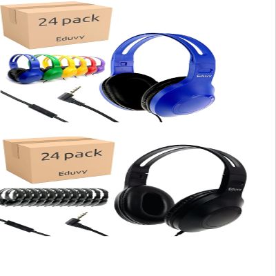 48 Pack Bundle Headphones for Classroom, Pack of 24 Wired Mixed Color Headphones and Pack of 24 Black Color School Headphones With Microphones for Elementary to College Students (48 Headphones Bundle)