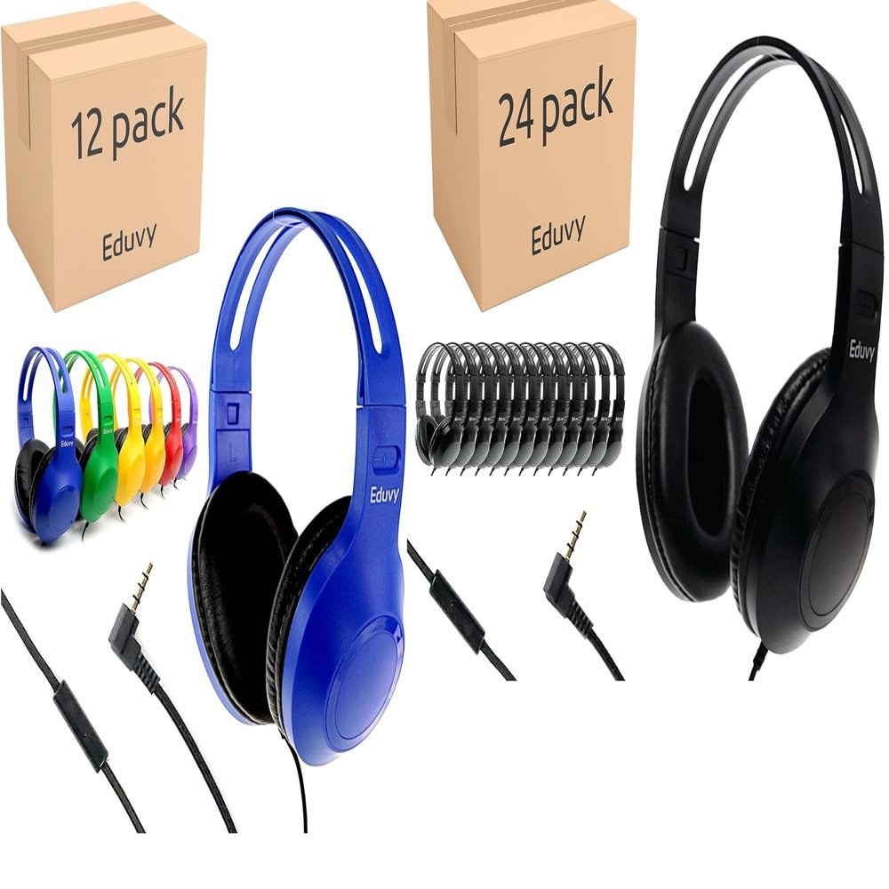 36 Pack Bundle Headphones for Classroom, Pack of 12 Wired Mixed Color Headphones and Pack of 24 Black Color School Headphones With Microphones for Elementary to College Students (36 Headphones Bundle)