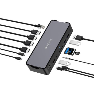 Verbatim USB-C Pro Docking Station, 15-in-1 Hub, Multiport Adapter to HDMI 4K and 8K, USB-A and USB-C, PD 80W, AUX, Card Reader, for Mac/Windows Laptop and Co