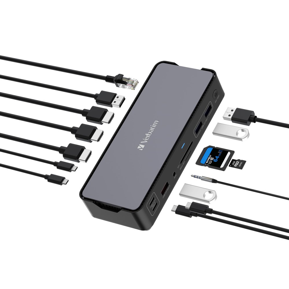 Verbatim USB-C Pro Docking Station, 15-in-1 Hub, Multiport Adapter to HDMI 4K and 8K, USB-A and USB-C, PD 80W, AUX, Card Reader, for Mac/Windows Laptop and Co