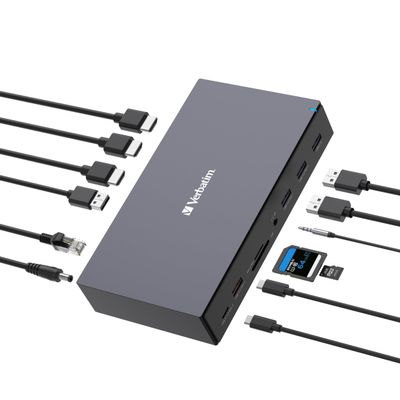Verbatim USB-C Pro Docking Station, 17-in-1 Hub, Multiport Adapter to HDMI 4K and 8K, USB-A and USB-C, PD 100W, AUX, Card Reader, for Mac/Windows Laptop etc