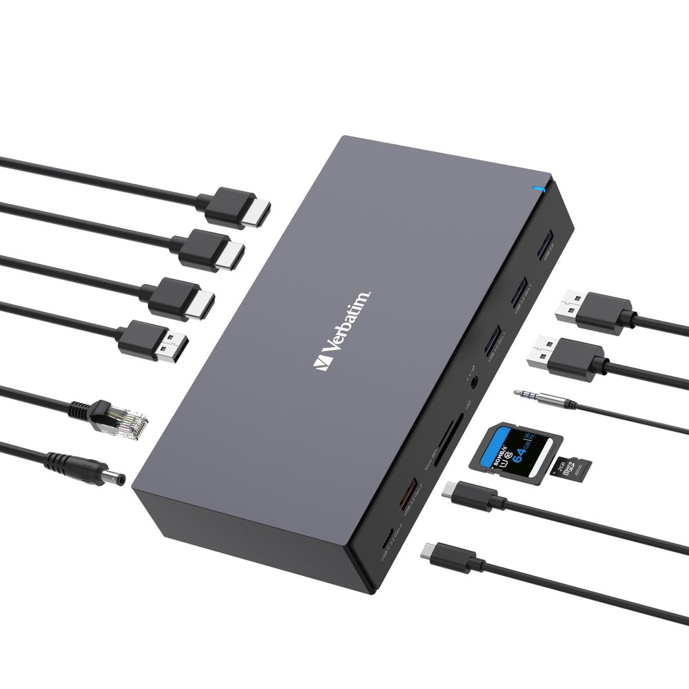 Verbatim USB-C Pro Docking Station, 17-in-1 Hub, Multiport Adapter to HDMI 4K and 8K, USB-A and USB-C, PD 100W, AUX, Card Reader, for Mac/Windows Laptop etc