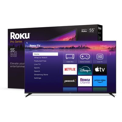 Roku Smart TV  55-Inch Pro Series 4K QLED RokuTV with Backlit Roku Voice Remote Pro, Dolby Vision IQ, 120Hz Refresh Rate  Live Local News, Sports, Gaming