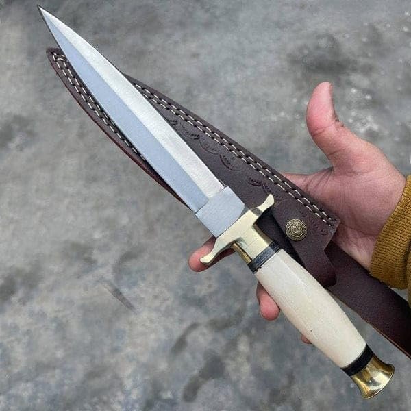 Custom Handmade D2 Steel Bone Handle Hunting Dagger Knife With Leather Sheath, Fixed Blade Knife, Bowie Knife, White