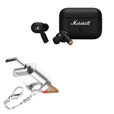 BoxWave Adapter Compatible with Marshall Motif II ANC - Micro SD Card miniReader, USB Type-C OTG Reader USB3.0 Adapter Keychain - Metallic Silver