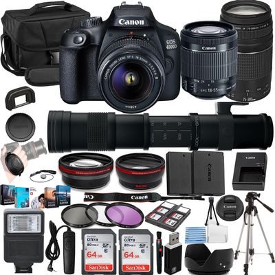 Canon EOS 4000D/Rebel T100 Vlogger Kit:EF-S 18-55mm,EF 75-300mm & 420-800mm Lenses,128GB Memory,Tripod,3 Piece Filter Kit,Gadget Bag,Remote Shutter,USB Card Reader & Software Package (Renewed)