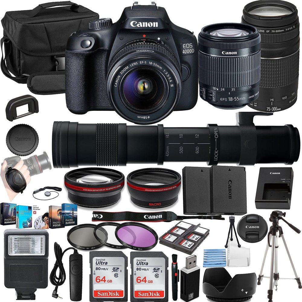 Canon EOS 4000D/Rebel T100 Vlogger Kit:EF-S 18-55mm,EF 75-300mm & 420-800mm Lenses,128GB Memory,Tripod,3 Piece Filter Kit,Gadget Bag,Remote Shutter,USB Card Reader & Software Package (Renewed)