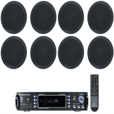 Rockville RPA60BT V2 Bundle: 1000-Watt 2-Channel USB Bluetooth DJ/Pro/Karaoke Amplifier Mixer, (8) HC55-16 Black 5.25 in 300-Watt in-Ceiling Home Theater Speakers, for Restaurant/Bar, 9-Items