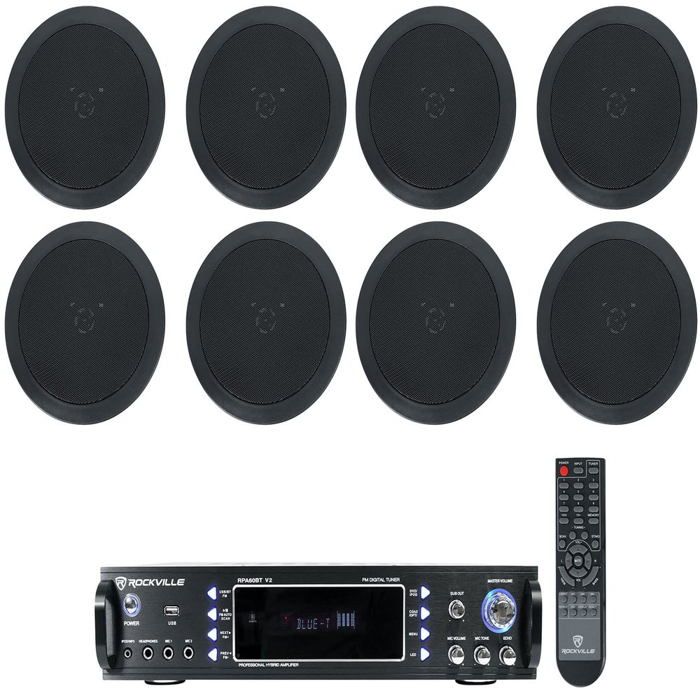 Rockville RPA60BT V2 Bundle: 1000-Watt 2-Channel USB Bluetooth DJ/Pro/Karaoke Amplifier Mixer, (8) HC55-16 Black 5.25 in 300-Watt in-Ceiling Home Theater Speakers, for Restaurant/Bar, 9-Items