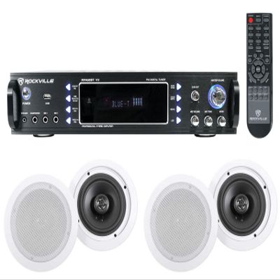 Rockville RPA60BT V2 Bundle: 1000-Watt 2-Channel USB Bluetooth Receiver/Amplifier Mixer, (2) Pair HC655 6.5" 500-Watt in-Ceiling 8 Ohm Home Theater Speakers, 2 Items