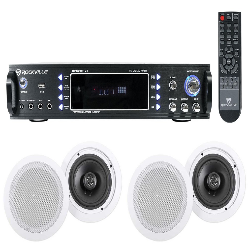 Rockville RPA60BT V2 Bundle: 1000-Watt 2-Channel USB Bluetooth Receiver/Amplifier Mixer, (2) Pair HC655 6.5" 500-Watt in-Ceiling 8 Ohm Home Theater Speakers, 2 Items