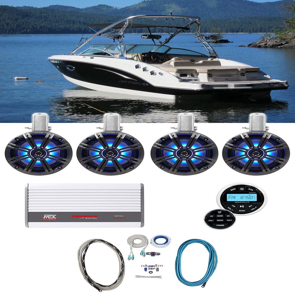 Audiosavings Bundle (2)Pair KICKER 45KMTC65 Wakeboard Tower Speakers bundle with (1) RV RGHR2 Marine Gauge Hole Receiver & (1)MTX WET75.4 4-Channel Amplifier &(1)RV RMWK8 Amplifier Wire Kit (items 7)