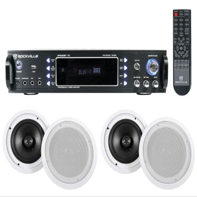 Rockville RPA60BT V2 Bundle: 1000W Peak USB Bluetooth 2-Ch Karaoke Amplifier Mixer, (2) Pair HC85 8" 700W Peak in-Ceiling Home Theater Speakers, 5-Items