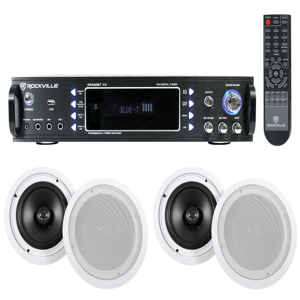 Rockville RPA60BT V2 Bundle: 1000W Peak USB Bluetooth 2-Ch Karaoke Amplifier Mixer, (2) Pair HC85 8" 700W Peak in-Ceiling Home Theater Speakers, 5-Items