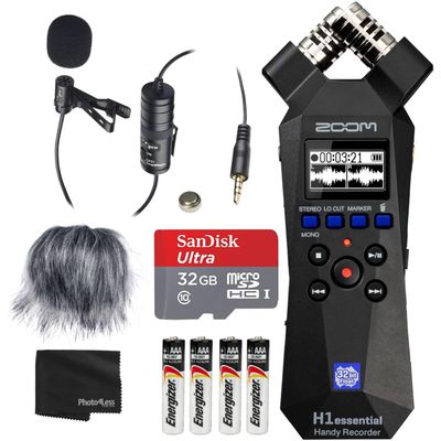 Zoom H1essential Handy Recorder Bundle with Professional Lavalier Condenser Microphone, 32GB microSDHC Card, Furry Microphone Windscreen, 4 AAA Alkaline Batteries, and More!