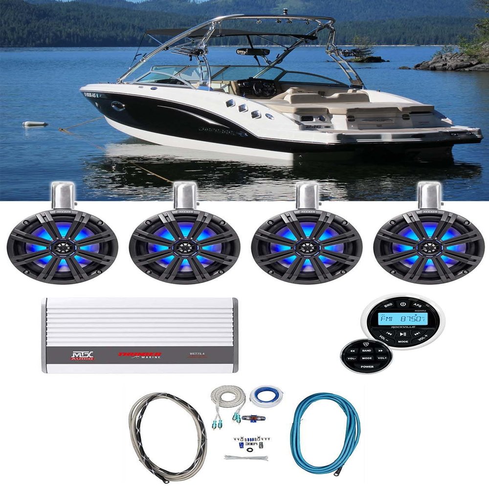 Audiosavings Bundle (2)Pair KICKER 45KMTC8 Marine Wakeboard Speakers bundle with (1) RV RGHR2 Marine Gauge Hole Receiver & (1)MTX WET75.4 4-Channel Amplifier &(1) RV RMWK8 Amplifier Wire Kit (items 7)
