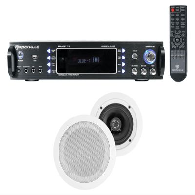 Rockville HC55 Bundle: (2) 5.25" 300W Peak / 120W RMS Per Pair in-Ceiling Home Theater Speakers, RPA60BT V2 1000-Watt 2-Channel USB Bluetooth Receiver Amplifier Mixer, 3-Items