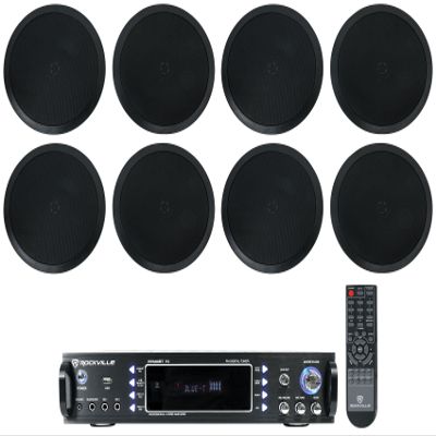 Rockville RPA60BT V2 Bundle: 1000W 2-Channel Karaoke Receiver Amplifier Mixer Bluetooth/USB, (4) Pairs HC85-16 Black 8" in-Ceiling Home Theater Speakers 16-Ohm, 5-Items