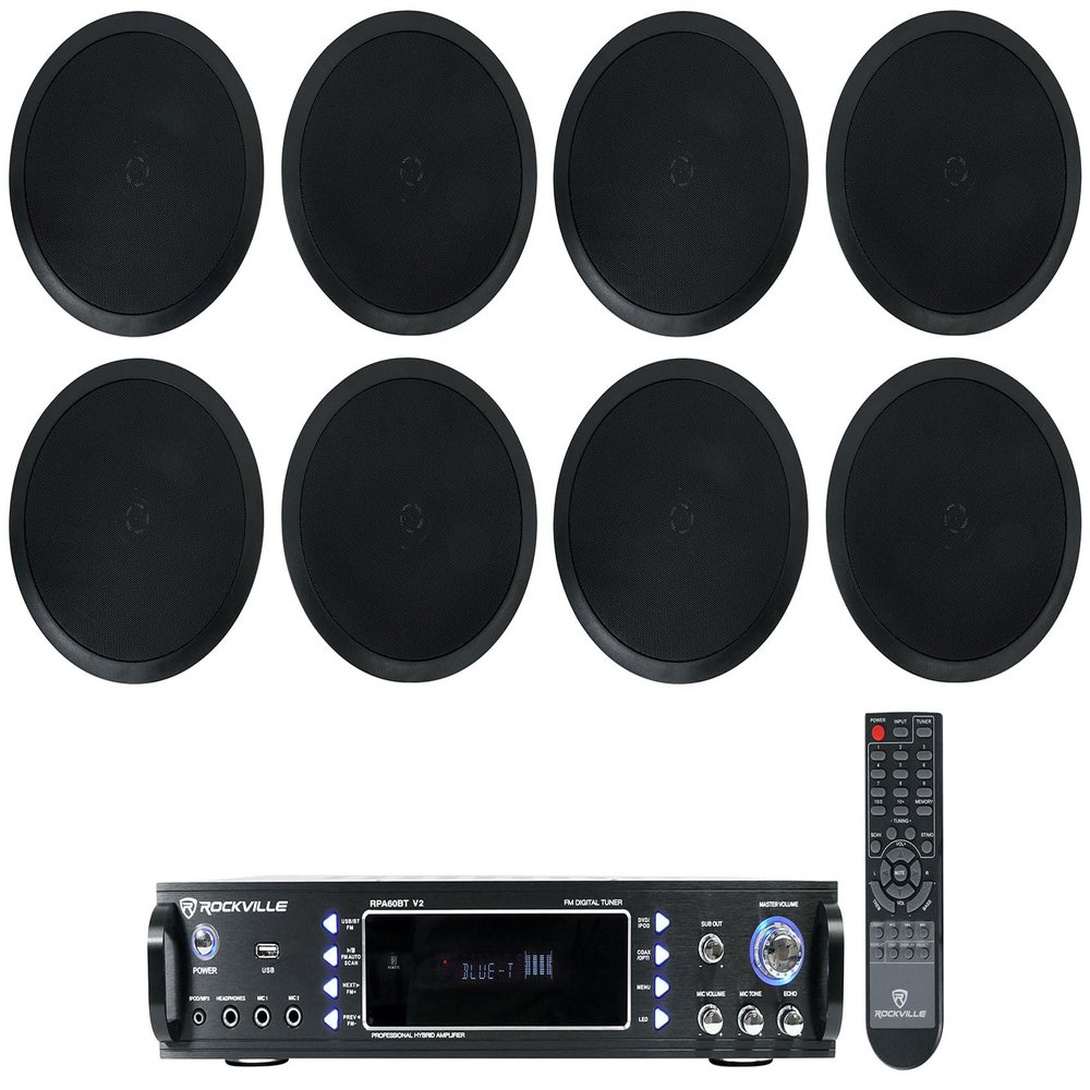 Rockville RPA60BT V2 Bundle: 1000W 2-Channel Karaoke Receiver Amplifier Mixer Bluetooth/USB, (4) Pairs HC85-16 Black 8" in-Ceiling Home Theater Speakers 16-Ohm, 5-Items