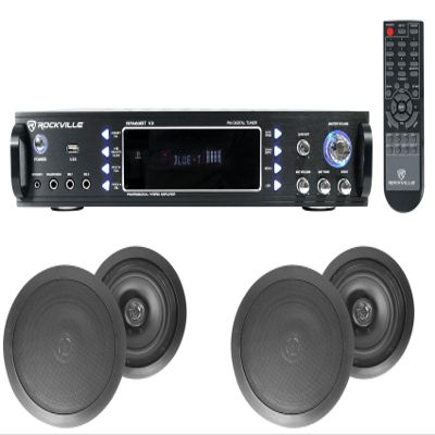 Rockville RPA60BT V2 Bundle: 1000W 2-Ch USB Bluetooth Karaoke DJ Receiver Amplifier, (2) Pair of HC85 8" in-Ceiling Home Theater Speakers, 8-Ohm, Black, 3 Items