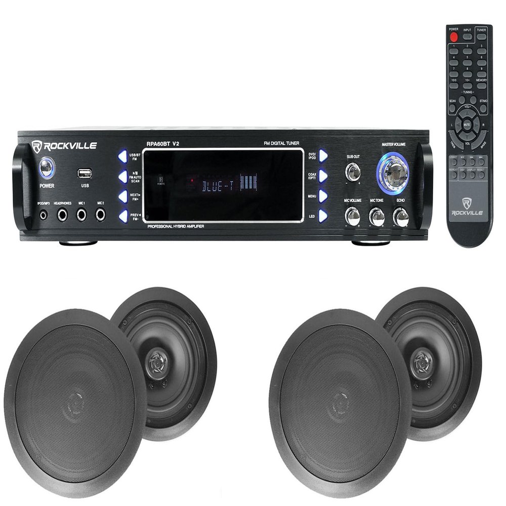 Rockville RPA60BT V2 Bundle: 1000W 2-Ch USB Bluetooth Karaoke DJ Receiver Amplifier, (2) Pair of HC85 8" in-Ceiling Home Theater Speakers, 8-Ohm, Black, 3 Items