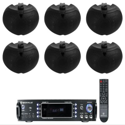 Rockville RPA60BT V2 Bundle: 1000W Bluetooth USB Home Stereo Amplifier Mixer with Mic, (6) D4-16 Black Dual 4-Inch 200W Peak/50W RMS 16-Ohm Outdoor Patio Restaurant Wall Mount Speakers, 7-Items