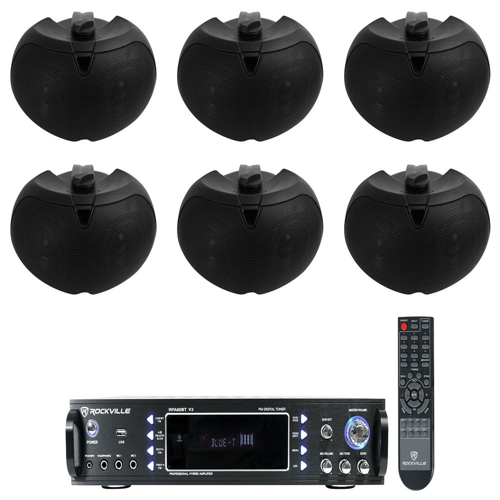 Rockville RPA60BT V2 Bundle: 1000W Bluetooth USB Home Stereo Amplifier Mixer with Mic, (6) D4-16 Black Dual 4-Inch 200W Peak/50W RMS 16-Ohm Outdoor Patio Restaurant Wall Mount Speakers, 7-Items