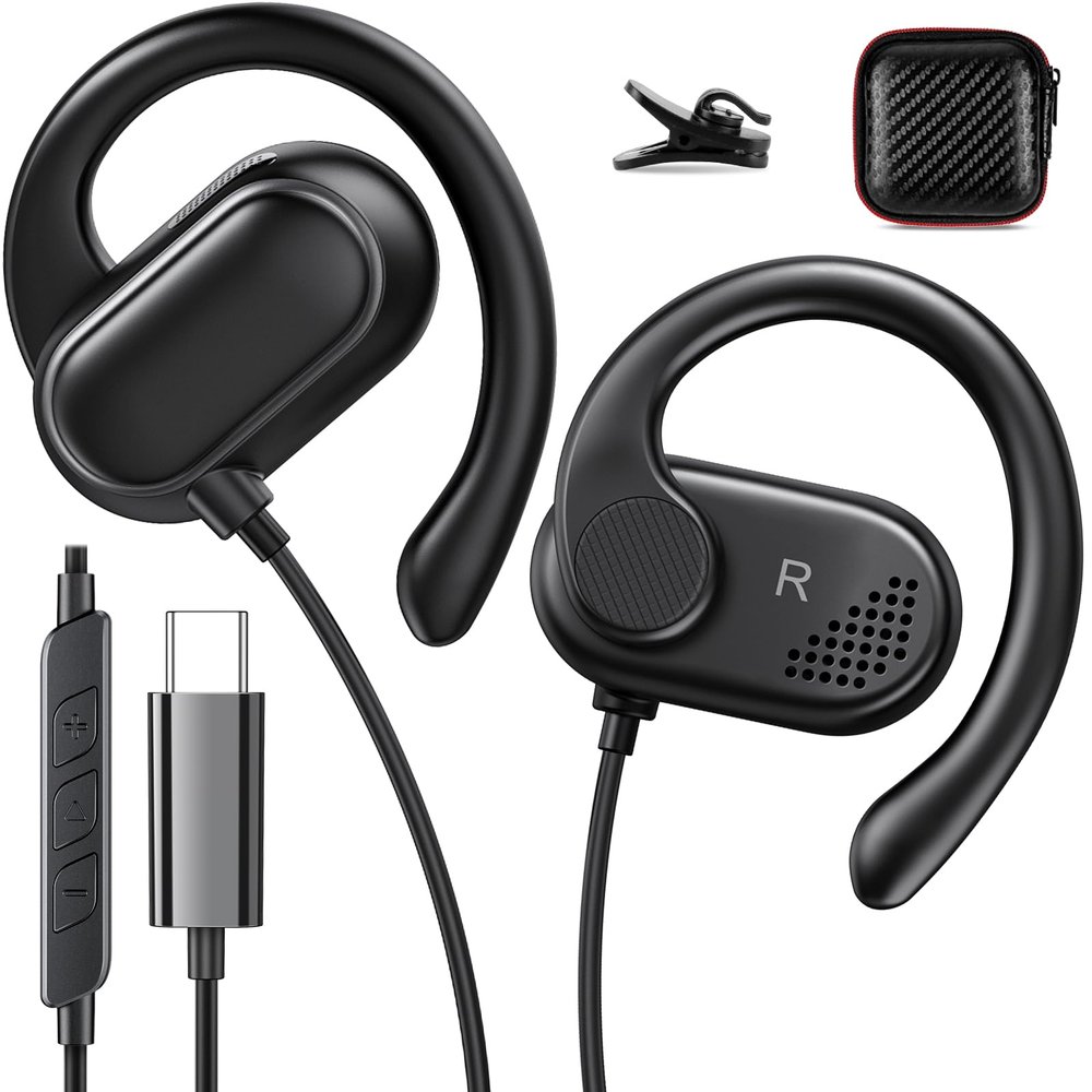 USB C Earbuds Over Ear Headphones for iPhone 17 16 Pro 15 Plus iPad 10th Gen Google Pixel 10 Pro 8 7 Open Ear Sport Headset Wired Type USB C Earphones with Microphone Volume Control Rotatable Earhook
