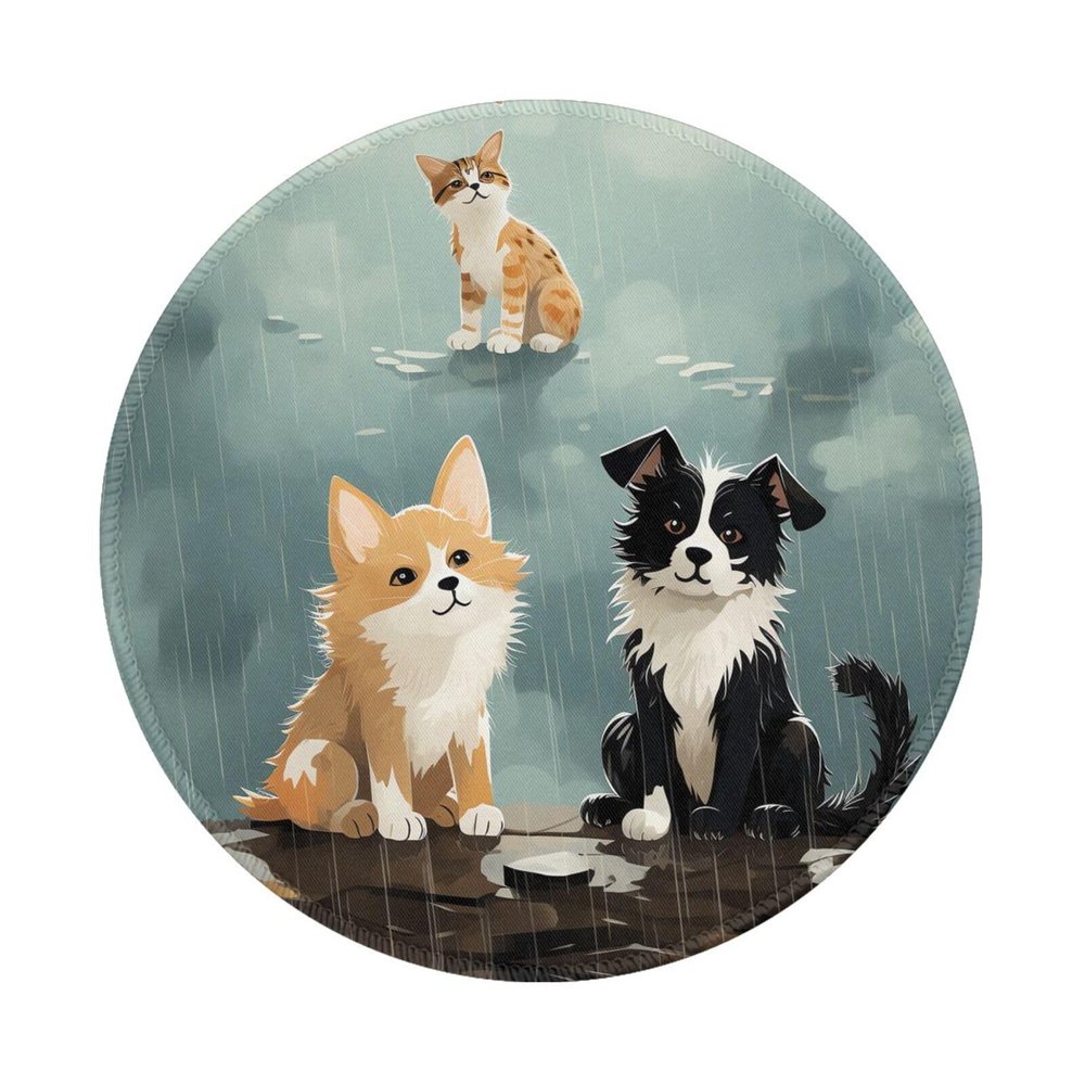 NONHAI 1 Mousepad with Non-Slip Rubber Base 8"" Round Mouse-Mat with Stitched Edge Rain Cat and Dog Gaming Mousepad for Wireless Mouses Computer Laptop Home Office Desk Pad
