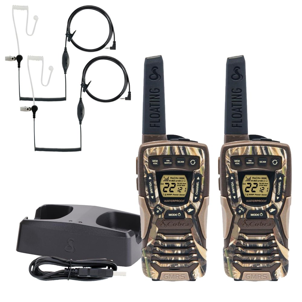 Cobra ACXT1035R FLT CAMO Floating and Waterproof Walkie Talkies for Adults with Compatible Cobra Surveillance Headset: Rechargeable, 22 Channels, Long-Range, 2 Two-Way Radios, 2 Headsets