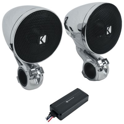 Audiosavings Bundle: (2) Kicker 47PSM32 3" 100w PSM Motorcycle/ATV Handlebar Speakers in Chrome PSM32 Bundle with (1) Rockville ATV220 2 Channel UTV/Motorcycle Bluetooth Amp IP65 Micro Amp (Items 3)
