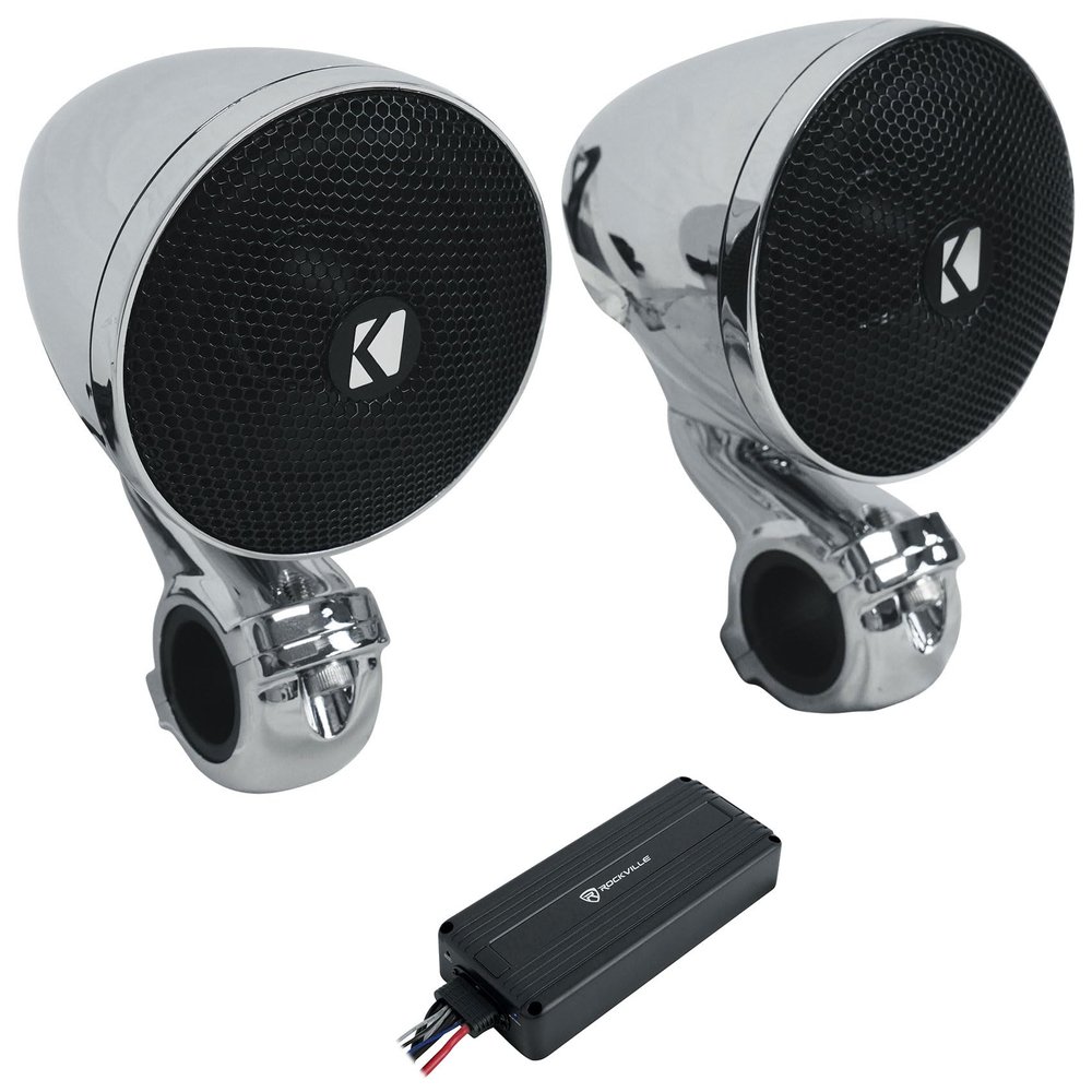 Audiosavings Bundle: (2) Kicker 47PSM32 3" 100w PSM Motorcycle/ATV Handlebar Speakers in Chrome PSM32 Bundle with (1) Rockville ATV220 2 Channel UTV/Motorcycle Bluetooth Amp IP65 Micro Amp (Items 3)