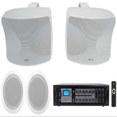 Rockville Bundle: Pair CC65T 6.5" Ceiling Speakers + RCS180-6 180W 6-Zone 70V Amp w/Bluetooth + WET-44 PRO Dual 4" 70V Wall Mount Speakers, White, IPX55 Indoor/Outdoor Weatherproof (3 Item)