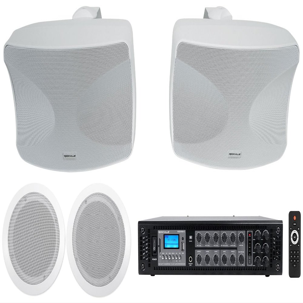 Rockville Bundle: Pair CC65T 6.5" Ceiling Speakers + RCS180-6 180W 6-Zone 70V Amp w/Bluetooth + WET-44 PRO Dual 4" 70V Wall Mount Speakers, White, IPX55 Indoor/Outdoor Weatherproof (3 Item)
