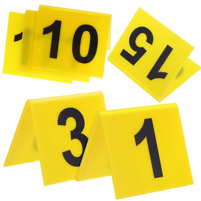 DEARMAMY 15pcs Evidence Markers Acrylic Table Number Signs for Crime Scene Decorations Easy to Identify Yellow Background and Black Letters for Parties and Detective Games