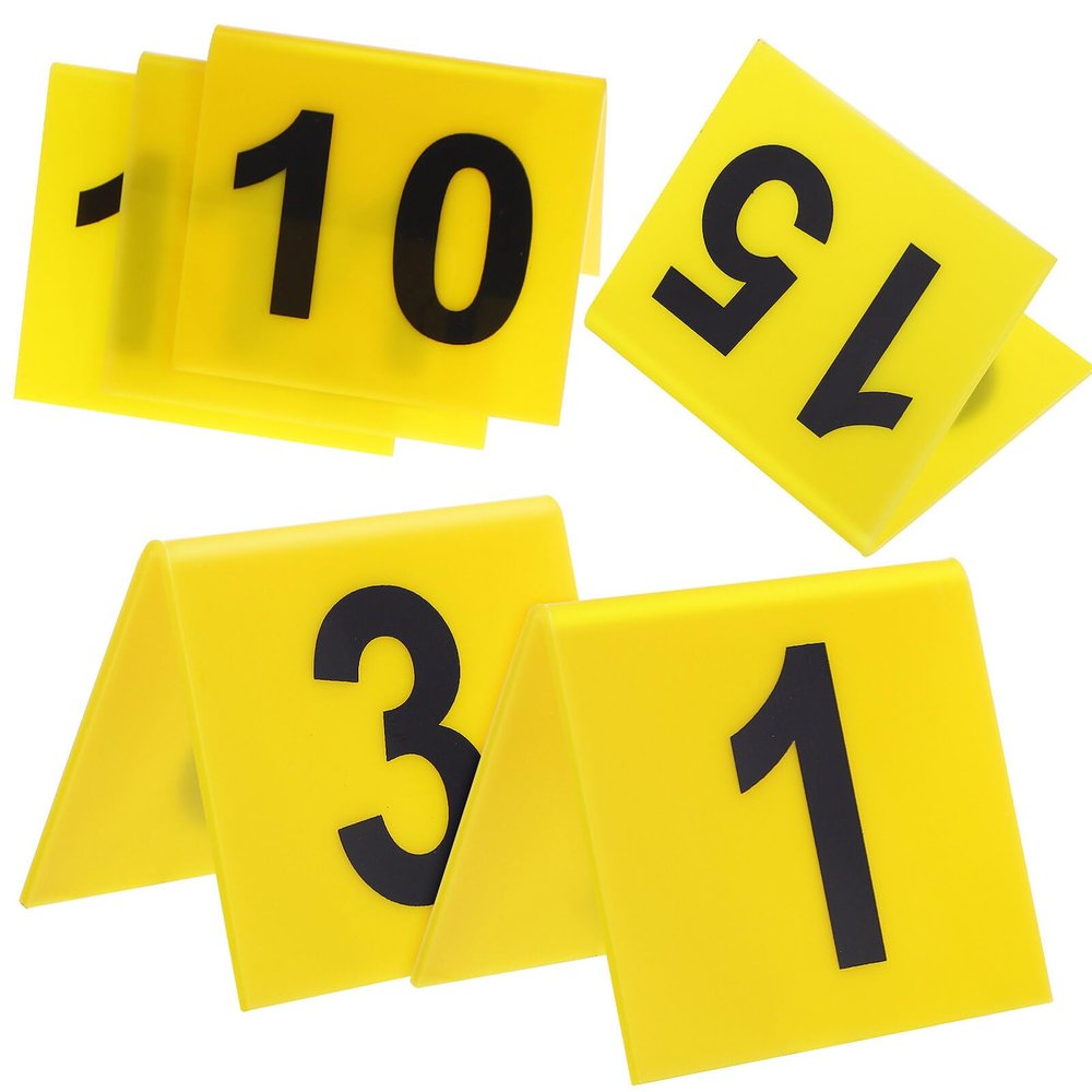 DEARMAMY 15pcs Evidence Markers Acrylic Table Number Signs for Crime Scene Decorations Easy to Identify Yellow Background and Black Letters for Parties and Detective Games