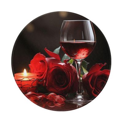 1 Mousepad with Non-Slip Rubber Base 8" Round Mouse-Mat with Stitched Edge Red Rose Wine Glass and Candle Gaming Mousepad for Wireless Mouses Computer Laptop Home Office Desk Pad