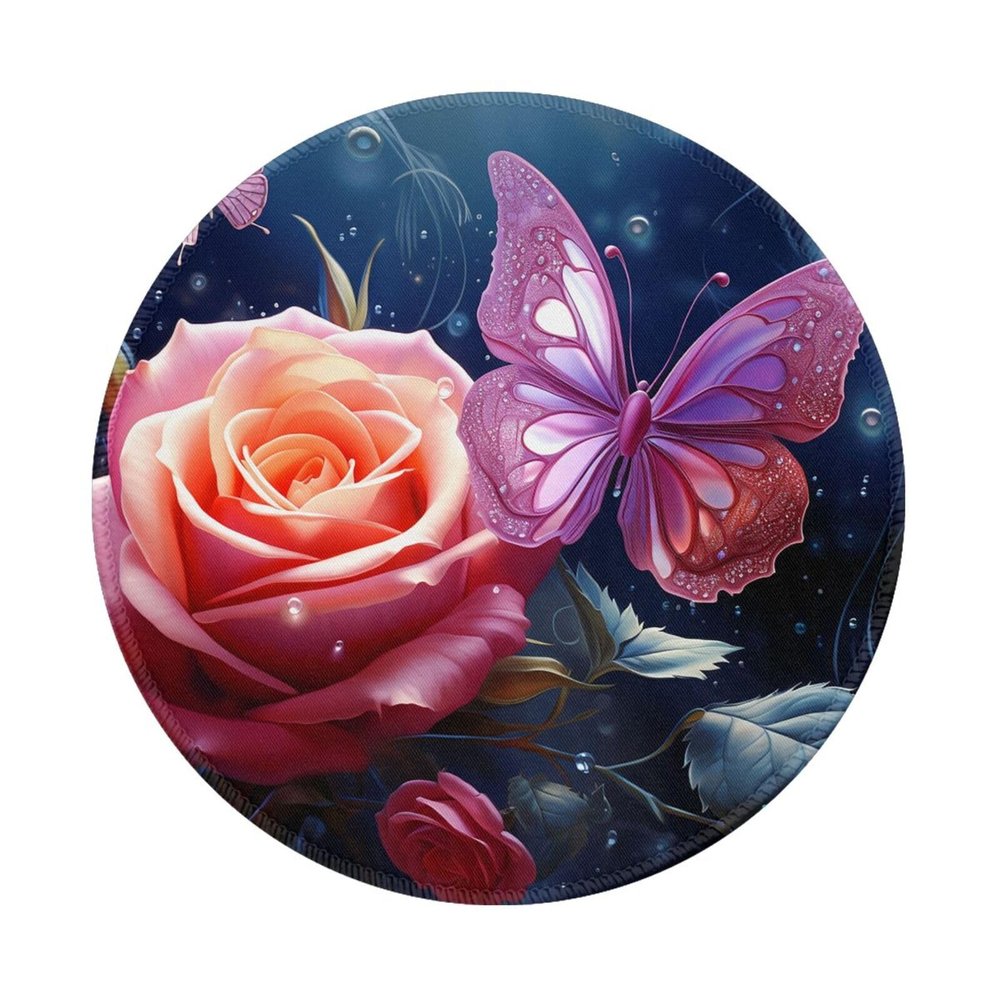 1 Mousepad with Non-Slip Rubber Base 8" Round Mouse-Mat with Stitched Edge Rose and Butterfly Gaming Mousepad for Wireless Mouses Computer Laptop Home Office Desk Pad