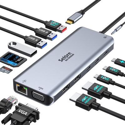 Selore USB C Docking Station Dual Monitor,LaptopDocking Station,14 in 1 Docking Station 3 Monitors with 2 HDMI,VGA,10G USB A/C,100W PD,6 USB A/C Ports,USB C Hub Multiport Adapter for Windows Laptop