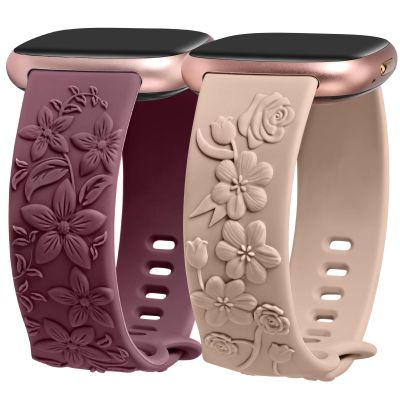 Minyee 2 Packs Floral Engraved Band Compatible with Fitbit Versa 4/Versa 3/Sense 2/Sense Band Women, Cute Embossed Silicone Wildflowers Rose Soft Sport Fancy Summer Replacement Strap for Versa 3