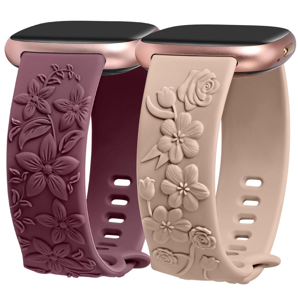 Minyee 2 Packs Floral Engraved Band Compatible with Fitbit Versa 4/Versa 3/Sense 2/Sense Band Women, Cute Embossed Silicone Wildflowers Rose Soft Sport Fancy Summer Replacement Strap for Versa 3