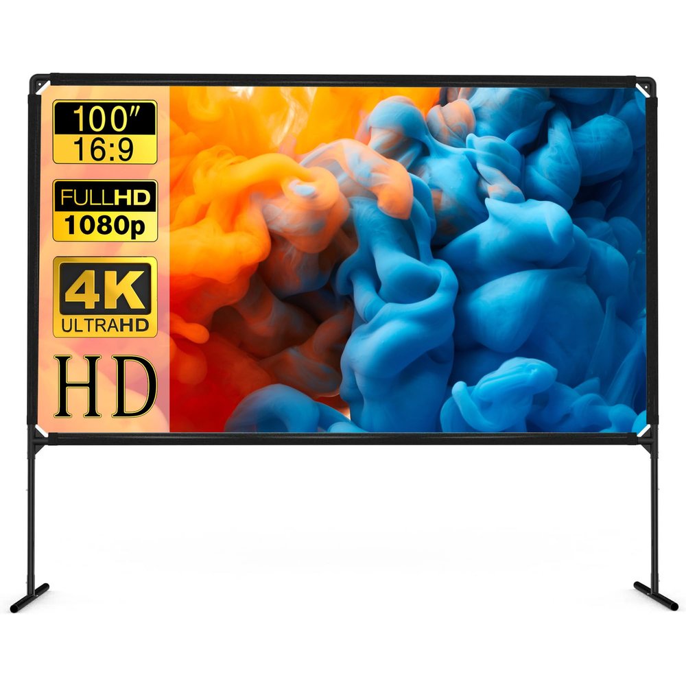 Projector Screen with Stand, 100 inch Indoor Outdoor Movie Projector Screen with Carry Bag, 16:9 HD 4K Portable Projection Screen for Home Theater