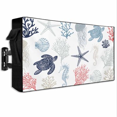 Outdoor TV Cover for 70-75 Inch TV, Waterproof & Dustproof TV Screen Protector Weatherproof Summer Ocean Sea Turtle Seahorse Jellyfish Coral Texture TV Cover with Pocket for Outside Flat Screen TV
