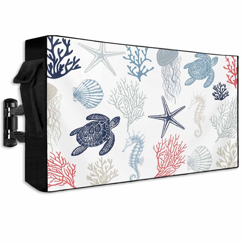 Outdoor TV Cover for 70-75 Inch TV, Waterproof & Dustproof TV Screen Protector Weatherproof Summer Ocean Sea Turtle Seahorse Jellyfish Coral Texture TV Cover with Pocket for Outside Flat Screen TV