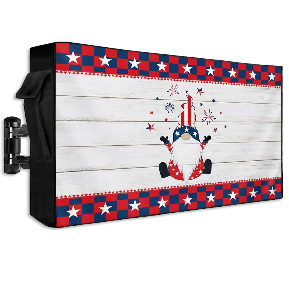 SEVENBABU Outdoor TV Cover 30"-32" - 600D Waterproof TV Cover Weatherproof TV Screen Protector Dustproof Independence Day 4th of July Patriotic Gnome Stars Rustic Wooden Plank TV Display Protector
