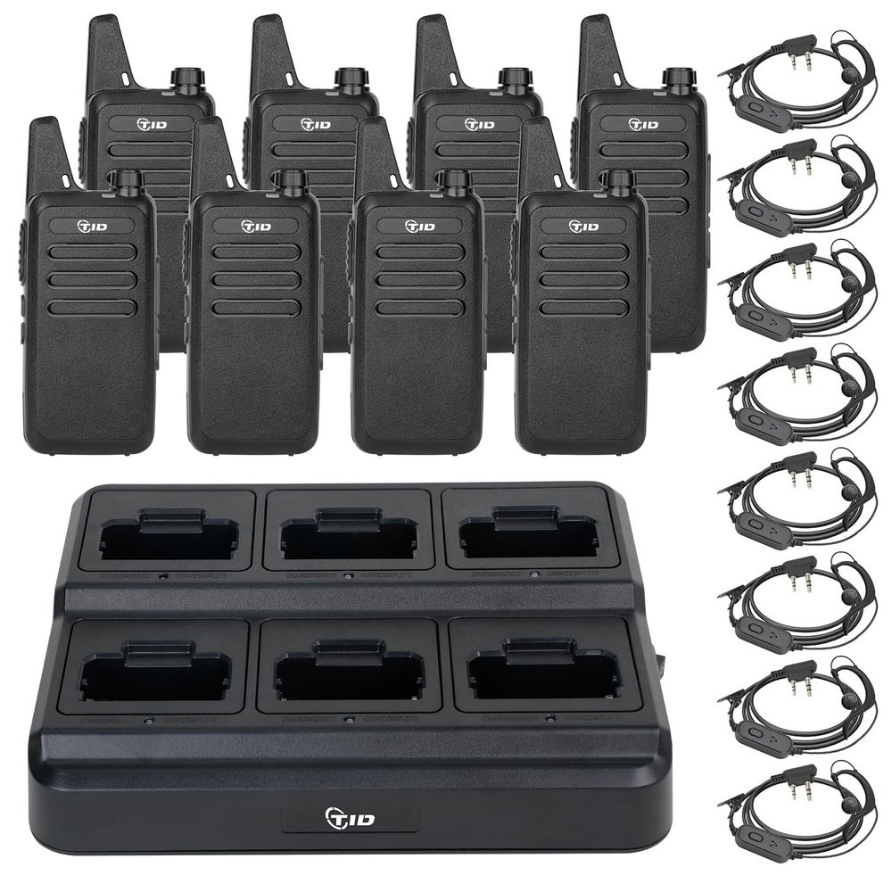TIDRADIO TD-M8s Walkie Talkies for Adults with Earpiece (8 Pack) Long Range Two Way Radio with 6 Way Multi Gang Charger and USB Charger for Warehouse Business Church and Retail